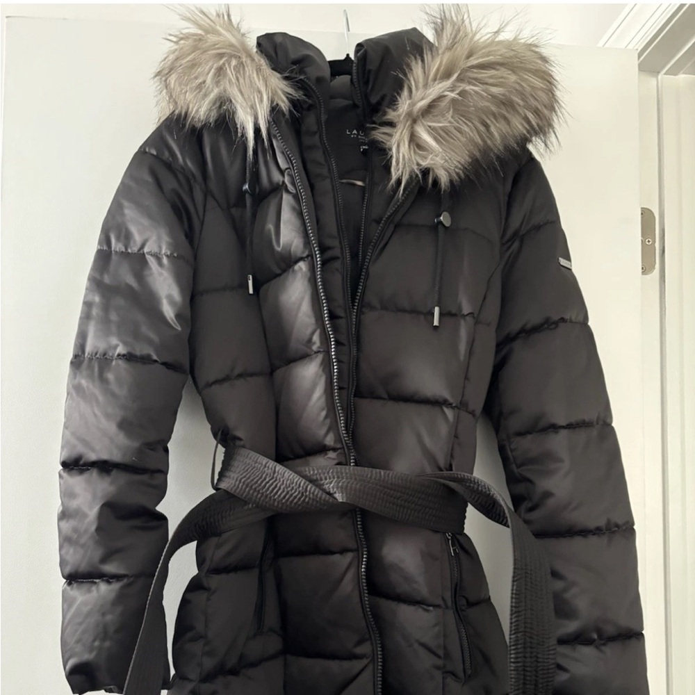 Laundry By Shelli Segal Black Puffer Jacket with Fur Trim NWT